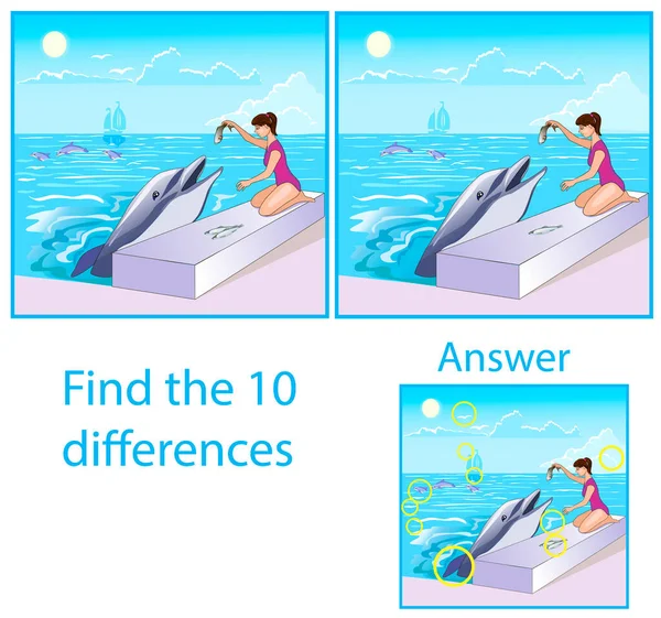 说明儿童的情况 这个视觉上的谜显示了这两幅画之间的十个不同 女孩在海边用鱼喂海豚 — 图库矢量图片