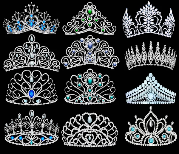 Ilustração Vetorial Uma Coleção Moda Tiaras Jóias Com Diamantes —  Vetores de Stock