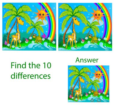 Çocuk çizimi. Görsel bulmaca, kaplumbağalar, kelebekler ve ormanda gökkuşağı ve güneşli bir akarsudaki zürafa arasındaki 10 farkı gösteriyor..