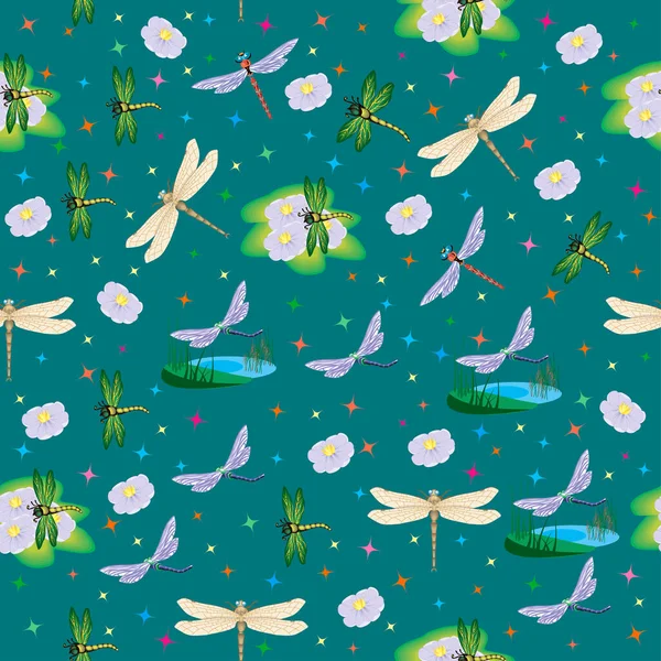 Illustration Hintergrund Nahtlose Muster Mit Libellen Blumen Und Gras — Stockvektor