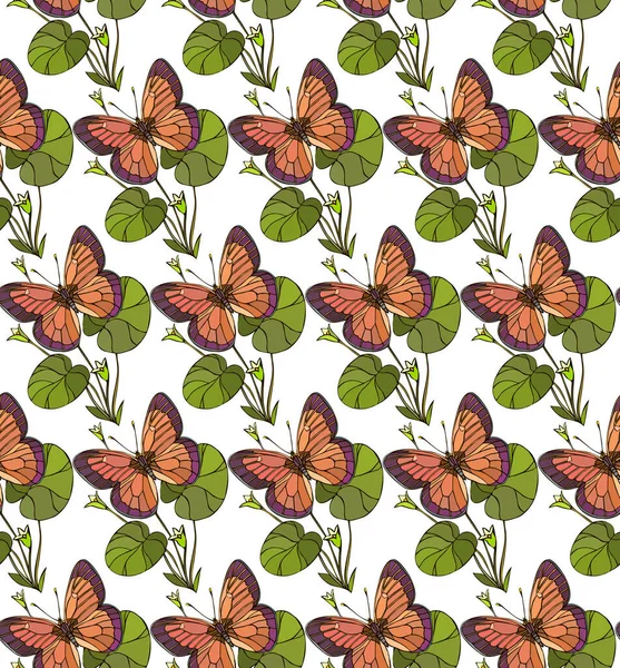 Patrón Sin Costura Fondo Ilustración Con Hojas Mariposas Hierba — Vector de stock