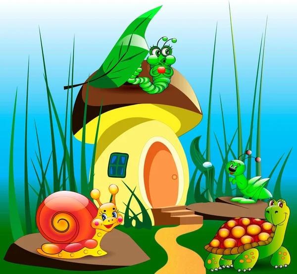 カメと草の中の子供のキノコの家の漫画のイラスト バッタの毛虫とカタツムリ — ストックベクタ