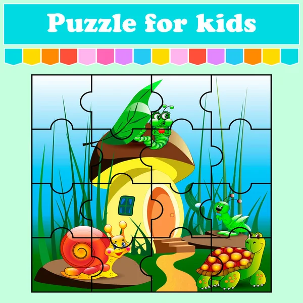 Puzzle Juego Para Niños Animales Cerca Casa Hongos Hoja Trabajo — Archivo Imágenes Vectoriales