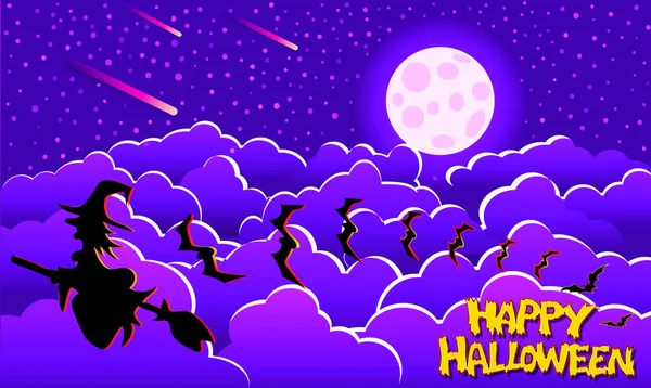 Halloween Kartenillustration Mit Hexe Fledermäusen Wolken Und Mond Papierstil — Stockvektor