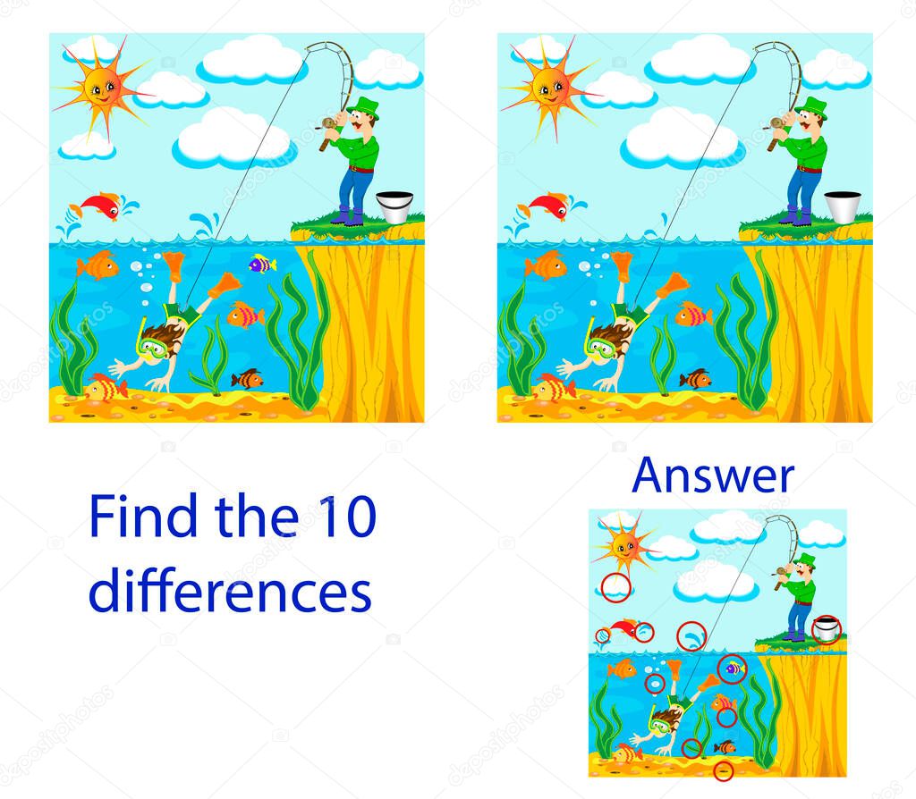 Children's illustration Visual Puzzle: find ten differences from the fisherman has caughted on fishing rod of the diver