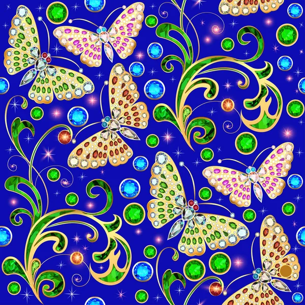 Ilustración Patrón Sin Costura Con Mariposas Plantas Piedras Preciosas — Vector de stock