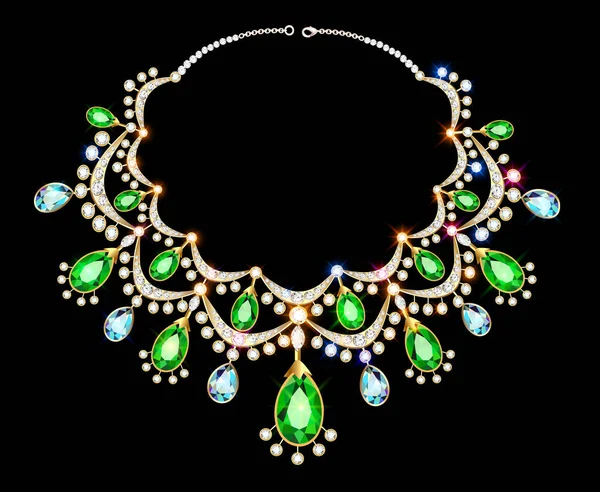 Illustration Jewelry Women Gold Necklace Precious Stones Emeralds — Stock Vector