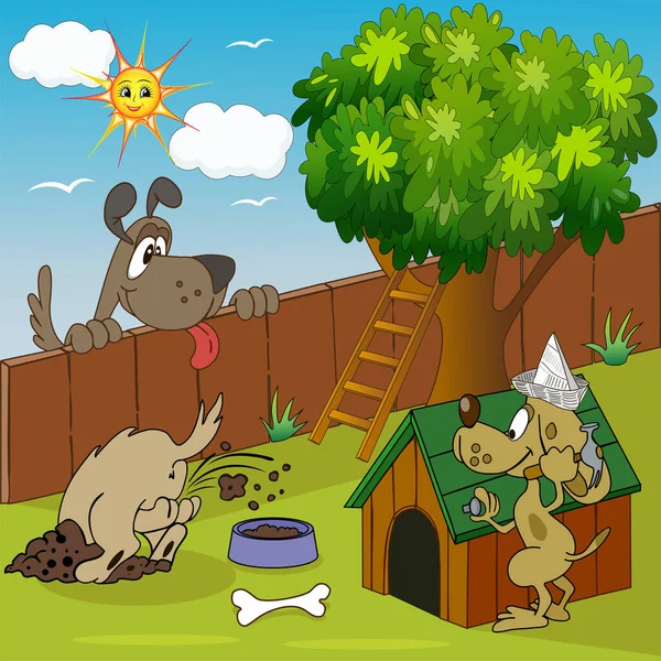 一个卡通狗窝靠近篱笆和一棵树的例子 — 图库矢量图片