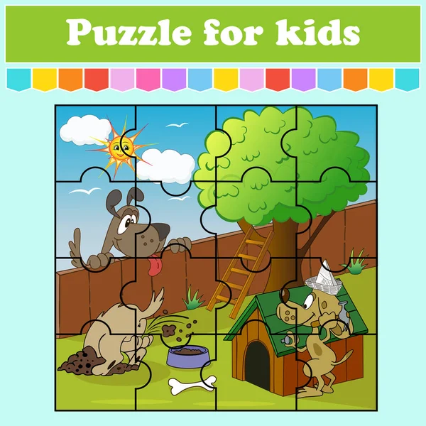 给孩子们的谜语游戏一个卡通狗窝的例子靠近围栏和一棵树 教育工作单 彩色活动页面 幼稚园的谜团孤立的矢量图解 卡通风格 — 图库矢量图片