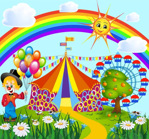 虹の背景の後ろからサーカスと観覧車のある庭のピエロのイラスト — ストックベクタ