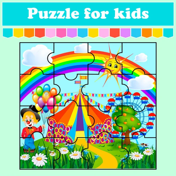 给孩子们的谜语游戏在一个有马戏团和摩天轮的花园里 在彩虹背景下从后面画一个小丑 教育工作单 彩色活动页面 幼稚园的谜团孤立的矢量图解 卡通风格 — 图库矢量图片