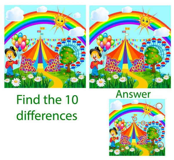 Παιδική Απεικόνιση Οπτικό Παζλ Δείχνει Δέκα Διαφορές Κλόουν Έναν Κήπο — Διανυσματικό Αρχείο