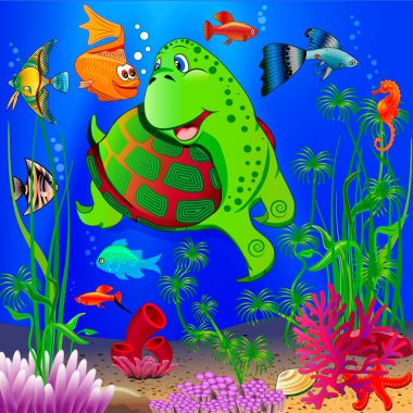  Çeşitli su bitkileri, yüzen tropikal balıklar ve bir kaplumbağa ile çocuk sualtı manzarasının tasviri. Çizgi film biçimi