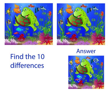 Çocuk resimli görsel bulmaca: balıktan on farklılık ve denizde bir kaplumbağa bul