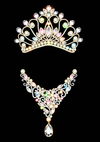 宝石をちりばめた女性のネックレスと王冠のイラスト — ストックベクタ
