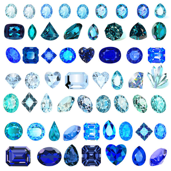 Illustration set of blue gemstones of different shades and cut sapphire