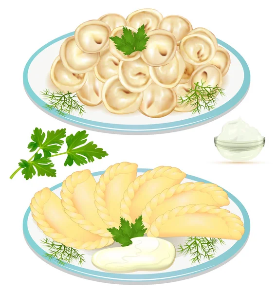 Illustration Dumplings Tallrik Med Dill Och Örter — Stock vektor