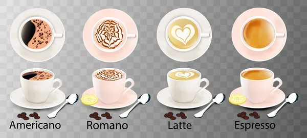 Illustration Isolierter Weißer Kaffeetassen Mit Löffel Ober Und Seitenansicht Romano — Stockvektor