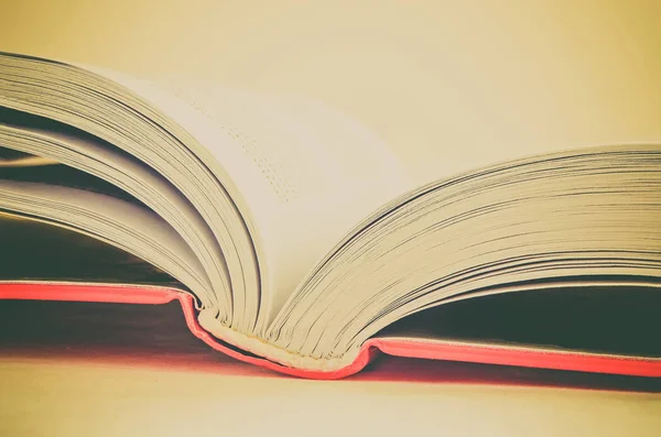 Open book on light background with red cover, closeup