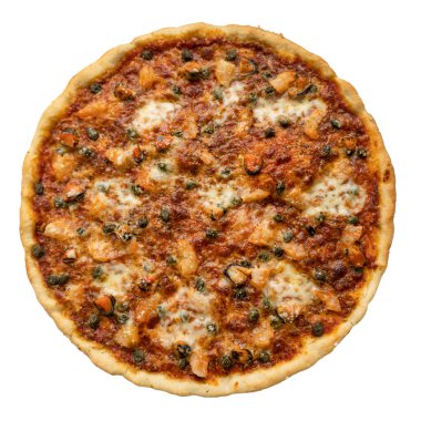Beyaz arka planda izole edilmiş deniz mahsullü İtalyan pizzası.