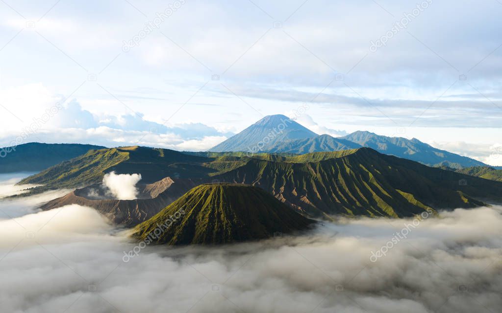 the Bromo volcano on the island in Indonesia on the island of Java, a beautiful panorama of several volcanoes