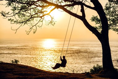 On the shore of the ocean on a swing under a tree at sunset, Bali clipart