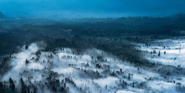 Panorama Morning Misty Landscape Pot View Drone Photo Aero Landscape — Stock Photo, Image