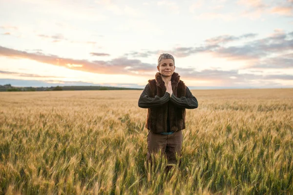 meditation woman yoga nature man in the field