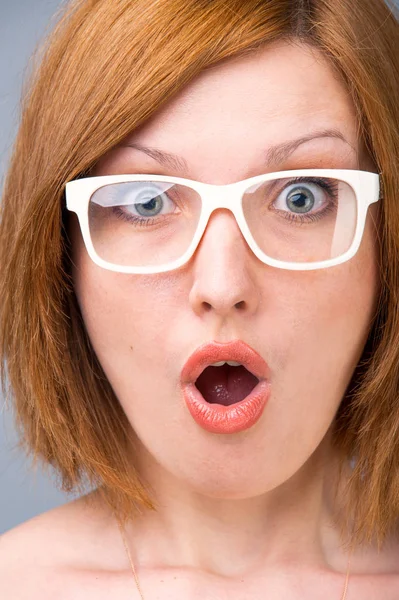 Portrait Female Emotions Surprise Man Glasses Studio Photo — Stock Photo, Image