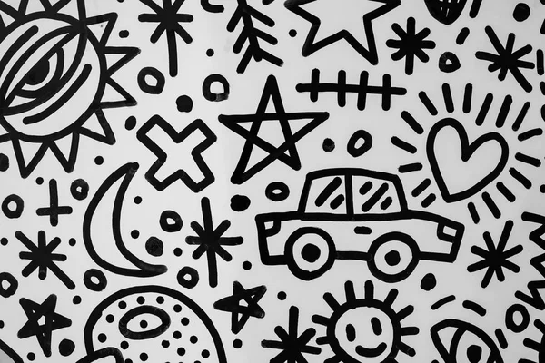 Pattern with car and travel theme, black marker on white backgro