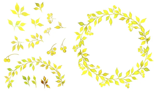 水彩画の装飾的な葉と花輪セット — ストック写真