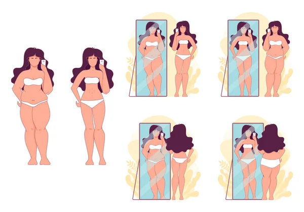 Weight Loss Diet Overweight Psychosomatics Anorexia Nervosa Girl Looking Mirror — Stock Vector