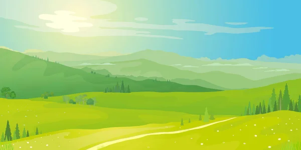 Vector Landscape Mountain Landscape Green Fields — Stock Vector