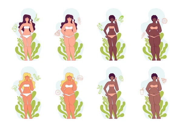 Gewichtsverlust Ernährung Infografiken Frau Vor Und Nach Dem Abnehmen Dicke — Stockvektor
