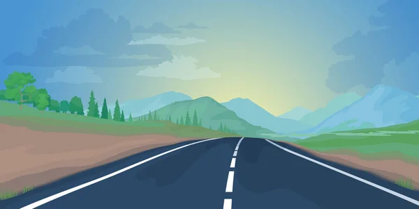 Ilustración Vectorial Camino Entre Campos Montañas — Vector de stock