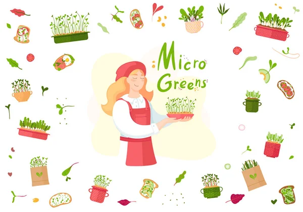 Κορίτσι Φύτρα Microgreen Sprouts Και Φυτά Γλάστρες — Διανυσματικό Αρχείο