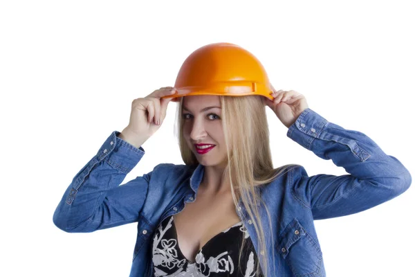 Jonge Vrouw Een Bouw Oranje Helm — Stockfoto