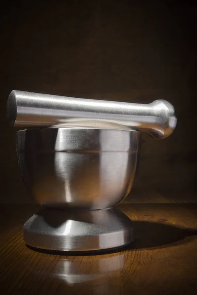 Metal Mortar Pestle Wooden Table — Stock Photo, Image