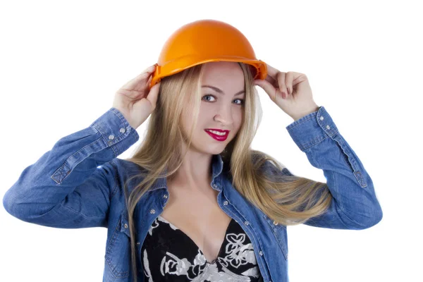 Jonge Vrouw Een Bouw Oranje Helm — Stockfoto