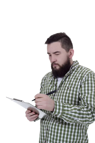 Junger Bärtiger Geschäftsmann Mit Tablet Der Hand — Stockfoto