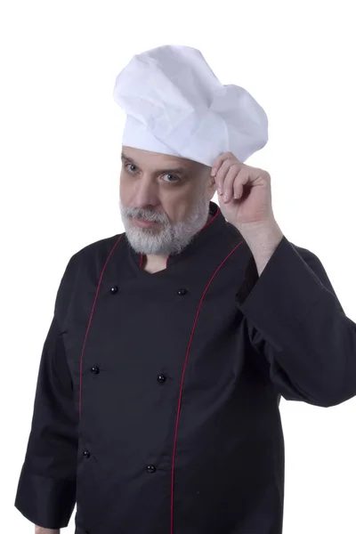 Chef Kok Met Een Grijze Baard Een Witte Achtergrond — Stockfoto