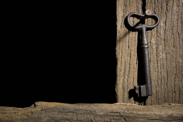 Vintage key hanging on an old log