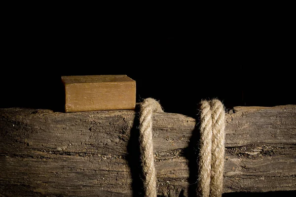 Rope Soap Old Wooden Crossbar — Stock Photo, Image