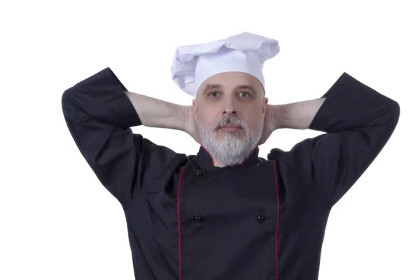 Chef Con Barba Gris Sobre Fondo Blanco —  Fotos de Stock
