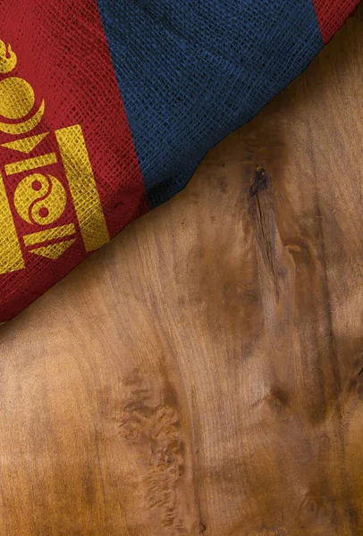 Bandera Mongolia Tela Rugosa Sobre Una Superficie Madera — Foto de Stock