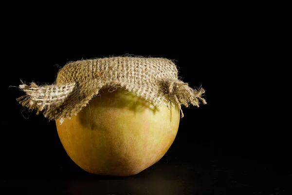 Apple Cap Burlap Black Background — Stock Photo, Image