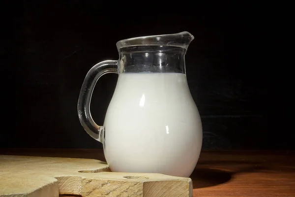 Glass Jug Fresh Milk Wooden Table — Stock Photo, Image