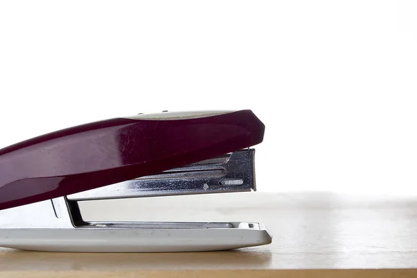 Stationery Brown Stapler Wooden Table White Background — Stock Photo, Image