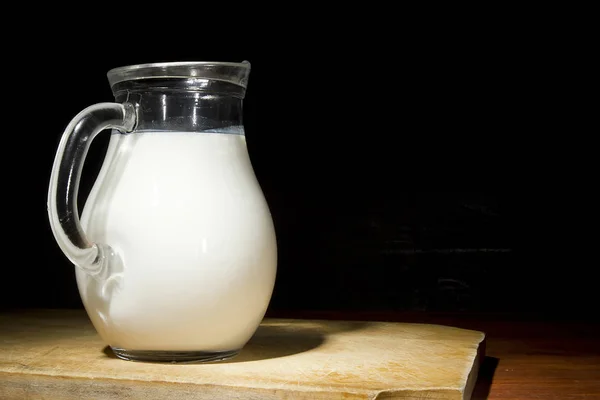 Glass Jug Fresh Milk Wooden Table — Stock Photo, Image