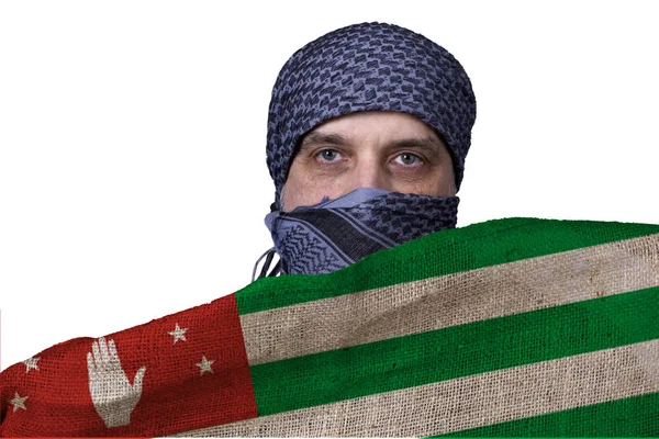 Σημαία Του Κράτους Της Αμπχαζίας Στα Χέρια Του Ένας Άνθρωπος — Φωτογραφία Αρχείου